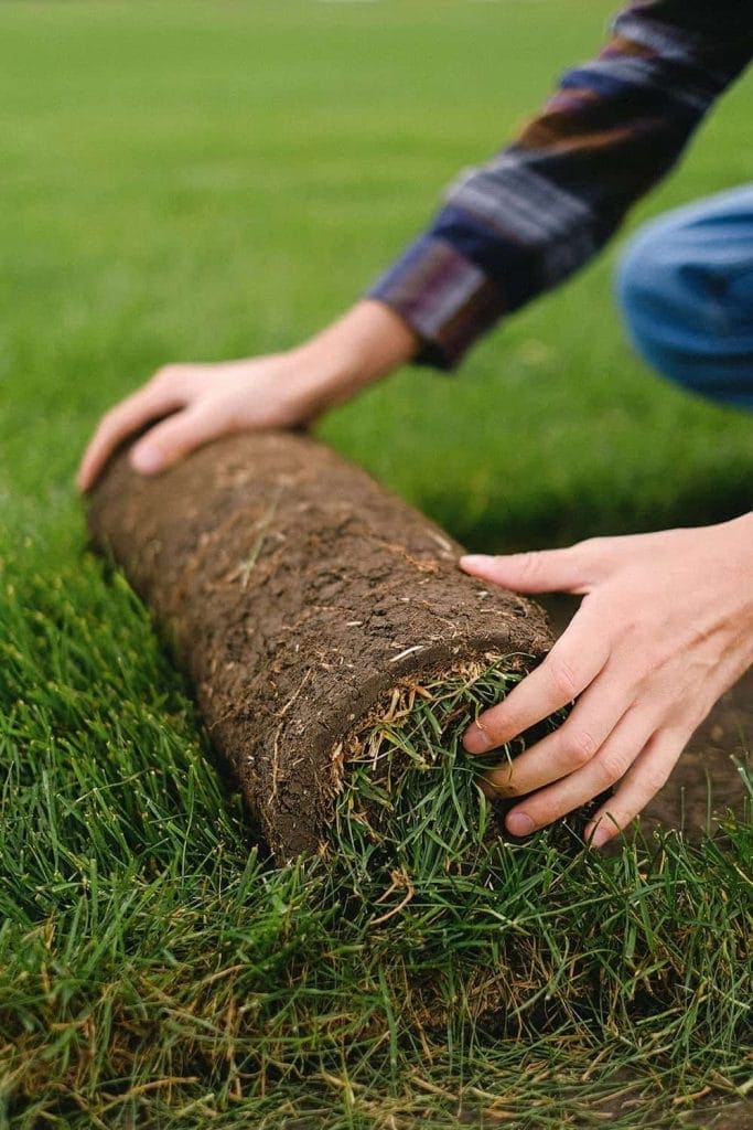 A person’s hands carefully unrolling a strip of sod onto the ground, laying new grass on a lawn. The background shows more green grass and the person, possibly a paving contractor from Mercer County NJ or Bucks County PA, is wearing a plaid shirt.
