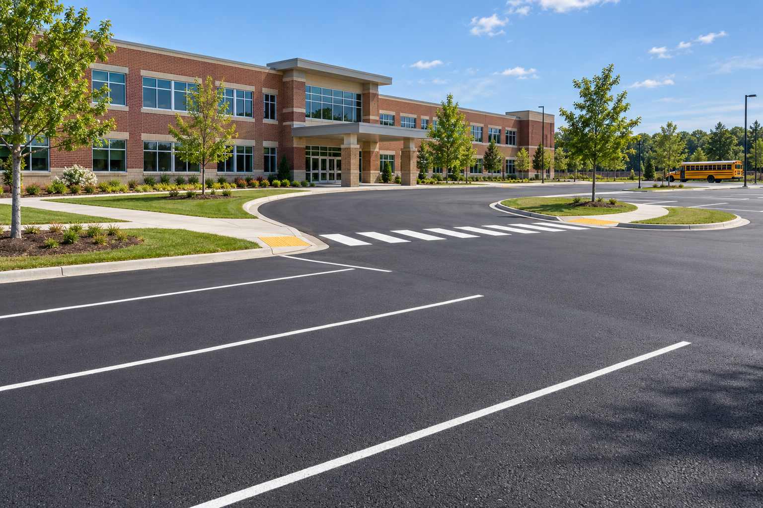 Striped asphalt parking lot beside an office building in Telford, PA