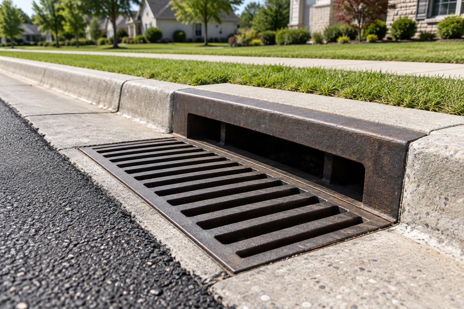 Drainage grate set flush into an asphalt surface in Ringoes, NJ